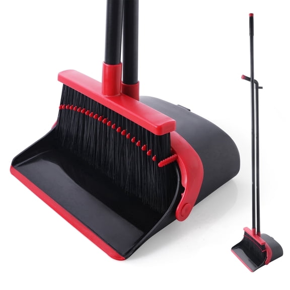 Yocada Broom and Dustpan Set with Teeth, Adjustable Handle, Helps Clean Hair, for Home Kitchen Office Floors,59in,Black&Red
