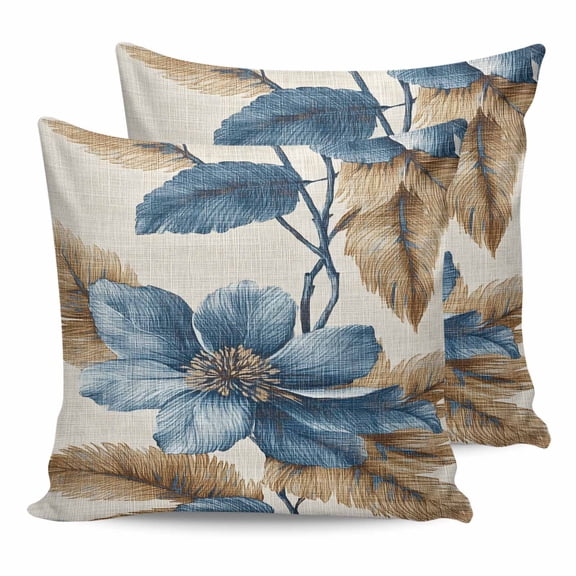 Pillow Covers 24x24 Set of 2, Blue Brown Botanical Throw Pillow Covers Decorative Couch Cushion Cover, Flowers Vintage Summer Microfiber Soft Square Pillowcases for Bedroom Living Room Sofa