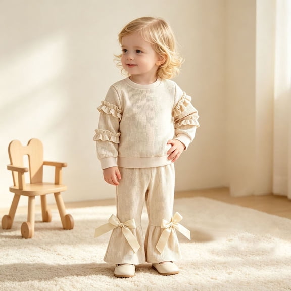 FYDUU Toddler Girl Clothes 2Pcs Girls Fall Outfits Long Sleeves Top and Bell Bottom Pants Cute Clothing Set Solid Color Soft Casual Wear Stylish Clothes