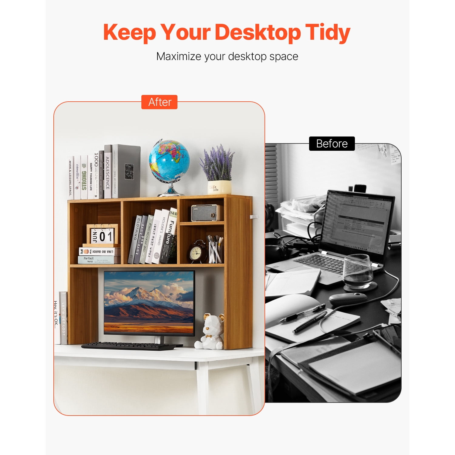 KFFKFF 1-Tier Wooden Desktop Organizer, 37" x 9.4" x 28.7" Storage Rack with Anti-Slip Pads, Ideal for Office, Home, and Dorm Use