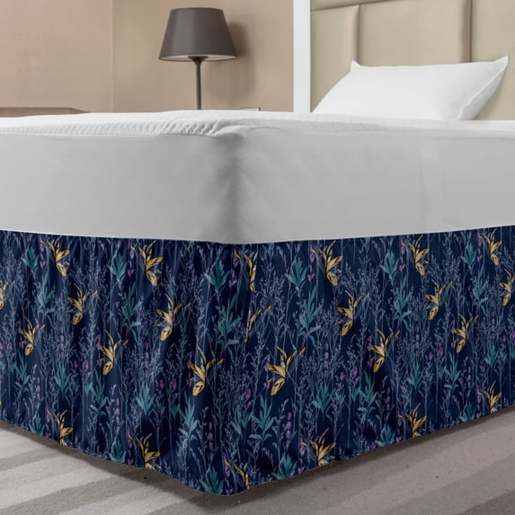 Garden Art Bed Skirt, Botanical Composition with Blossoming Flowers Exotic Forest Themed Illustration, Elastic Bedskirt Dust Ruffle Wrap Around for Bedding Decor, 4 Sizes, Multicolor, by Ambesonne