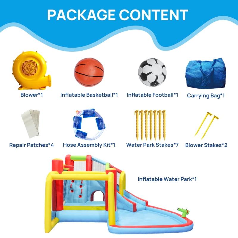 7-in-1 Mega Outdoor Inflatable Water Park: Slide, Soccer Bouncer, Splash Pool, Water Gun, Climbing Wall, Basketball & Football