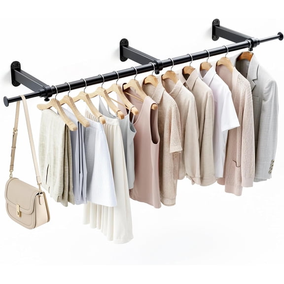 Luxspire Wall Mounted Clothes Rack, Industrial Pipe Clothing Rack, 41" Heavy Duty Extendable Iron Garment Bar, Multi-Purpose Hanging Rods for Clothes Bedroom, Laundry Room, Closet 1 Pack, Black