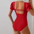thumbnail image 3 of Women's Tummy Control One Piece Swimsuit Ruffle Square Neck Bathing Suit Ruched Cutout Back Slimming Swimwear Red L, 3 of 3