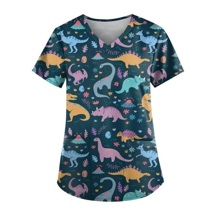 

TKing Fashion Women Plus Size Scrubs Top V-Neck Short Sleeve Animal Print Pockets Work Blouse for Women Dark Blue XL
