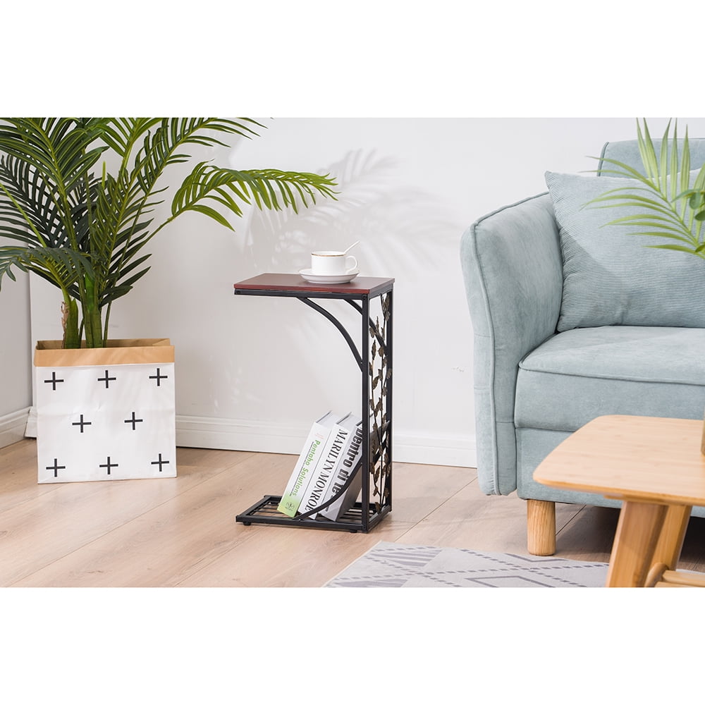 Small End Tables, CShaped Sofa Side Table with Solid Wood Top and