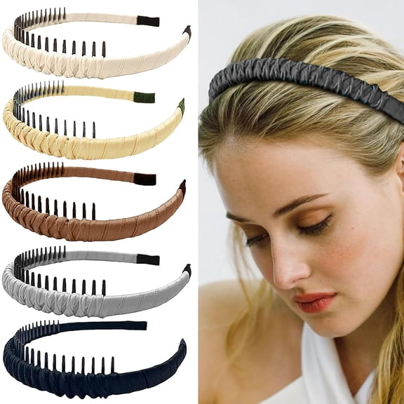 5 Pack Comb Braided Headband with Teeth for Women, Non Slip Hairband Head Bands (White Black Khai Brown Grey)