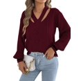 thumbnail image 3 of Women Vintage Knit V-Neck Hollow Contrast Stripe Lantern Long Sleeve Loose Knit Pullover Sweater Wine Red S, 3 of 10