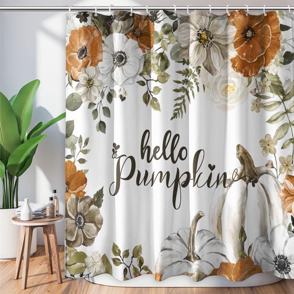 Mloabuc® Hello Fall Flower Pumpkins Shower Curtain 72x72inch, Autumn Plants on White Fall Shower Decor, Nature Print Decor Waterproof Polyester Cloth Fabric Bathroom Curtain, Sets with 12 Hooks