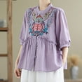 thumbnail image 3 of Hvot&aat Women's Ethnic Style Embroidered Tops 3/4 Lantern Sleeve Button Down Linen Blouse Loose Pleated Flowy Hem Shirts, 3 of 3