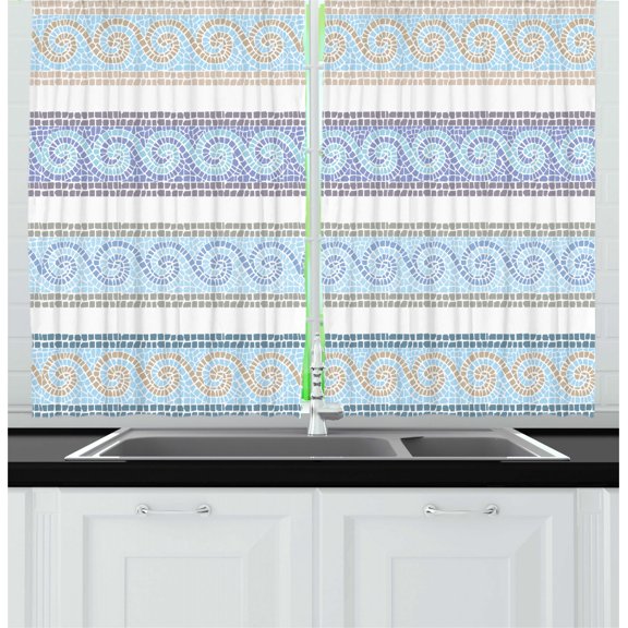 Mosaic Kitchen Curtains, Waves of the Unknown Vast Ocean Art Continuous Pattern Illustration, Two Panels Drapes with Rod Pocket Room Decor, 55" X 45", White Pale Grey Pale Blue, by Ambesonne