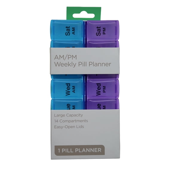 Equate Pill Planner AM/PM Weekly Organizer with 14 Large Compartments and Easy-Open Lids