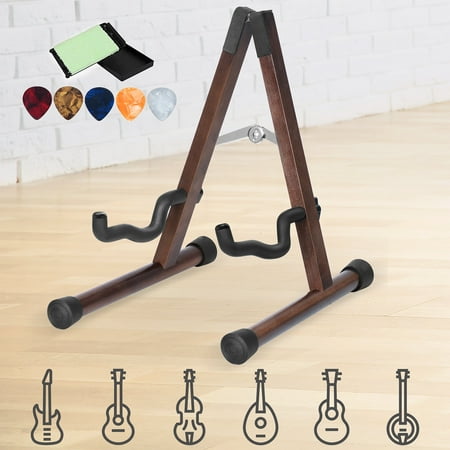 Acoustic Guitar Stand, A-Frame Folding Electric Guitar Stand, Comes with 5 Free Guitar Picks and 1 Free String Cleaner, Bass Guitar Stand, Banjo Stand for Mandolin, Ukulele, Cello, Black Walnut