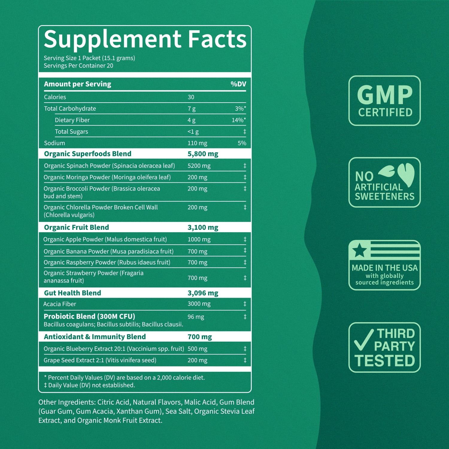 Supergreens Premium Superfood Greens Drink Mix w/Chlorella, Moringa, Spinach & Broccoli + Digestive Enzymes & Probiotic Blend -Nutrient-Packed Powder (Sour Watermelon 20 Servings, Travel Pack)