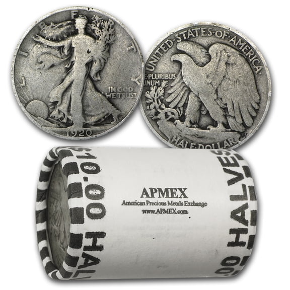 Collectible 1920 Walking Liberty Halves 20-Coin Roll Avg Circ