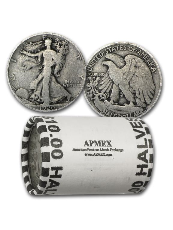 Collectible 1920 Walking Liberty Halves 20-Coin Roll Avg Circ