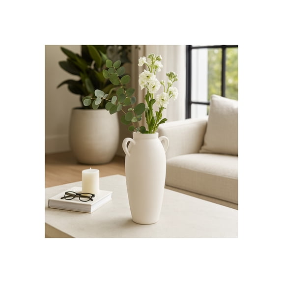 Elegant Ceramic Jug Vase with Textured Handles for Living Room Decor and Home Accents - Decorative Flower Vase for Room, Bedroom, or Office Display - Ideal for House and Table Styling - 16", White