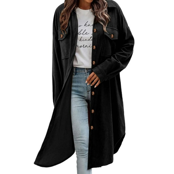 Womens Plaid Shacket Jacket Long Corduroy Shirt Casual Lapel Button down Flannel Trench Coats New Light Jackets for Women Dressy Black XL
