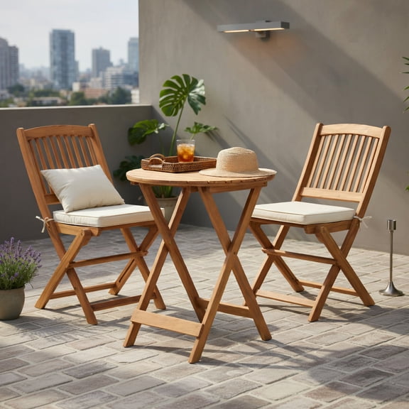 Hommoo 3-Piece Acacia Wood Folding Bistro Set with Removable Cushions, Outdoor Patio Chairs & Round Table for Balcony, Porch, Garden, Natural