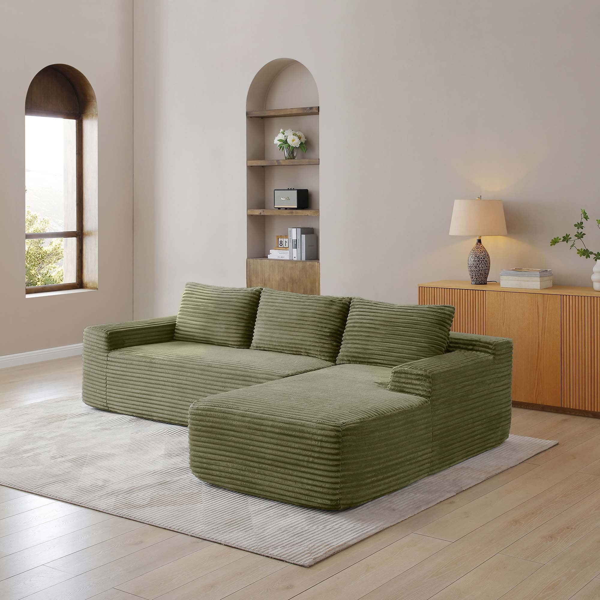 Miniyam 97" Deep Seat Sectional, Modular L-Shape Sofa with Chaise, No Assembly, Corduroy (Right Facing Chaise, Green)