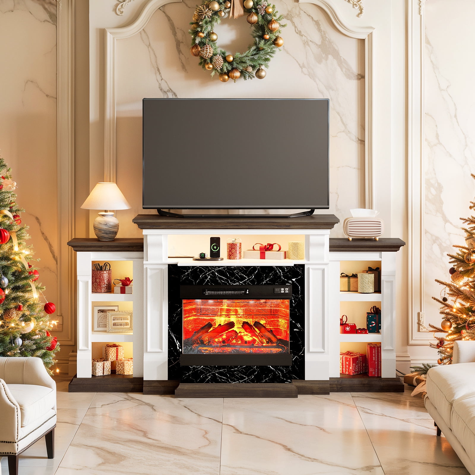 Holliwill 3-Sided Glass Farmhouse 72" Fireplace TV Stand for TVs up to 80", Electric Fireplace with Mantel, TV Console with Charging Station & LED Lights for Living Room, White Brown