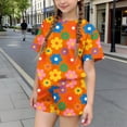 thumbnail image 1 of RKSTN Girls Ensembles pour Filles, T-Shirts à Col Rond à Manches Courtes à Imprimé Floral Coloré avec Shorts, Grande Enfant, Ensemble Pièce Two (Orange, 5-6 Ans), 1 of 6
