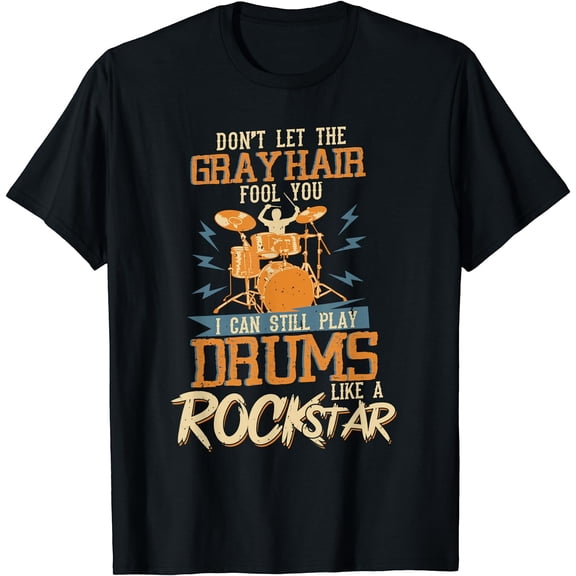 Men's Vintage Graphic Gray Hair Drummer Rockstar Drums T-Shirt