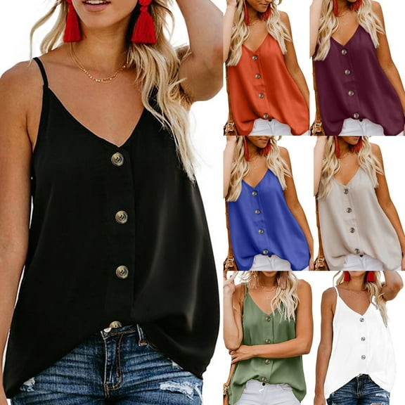 USSUMA Womens Clothes Summer Tops for Women 2025 V Neck Sleeveless Halter Tank Camisole Solid Color Plain Loose Fit Button Leisure Tshirt Fashion T-Shirt Street Army Green Polyester L