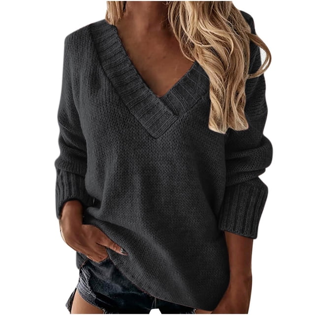 FAIWAD Long Sleeve Sweaters for Women V Neck Solid Color Knitted Tops Fall Winter Thin Lightweight Sweaters
