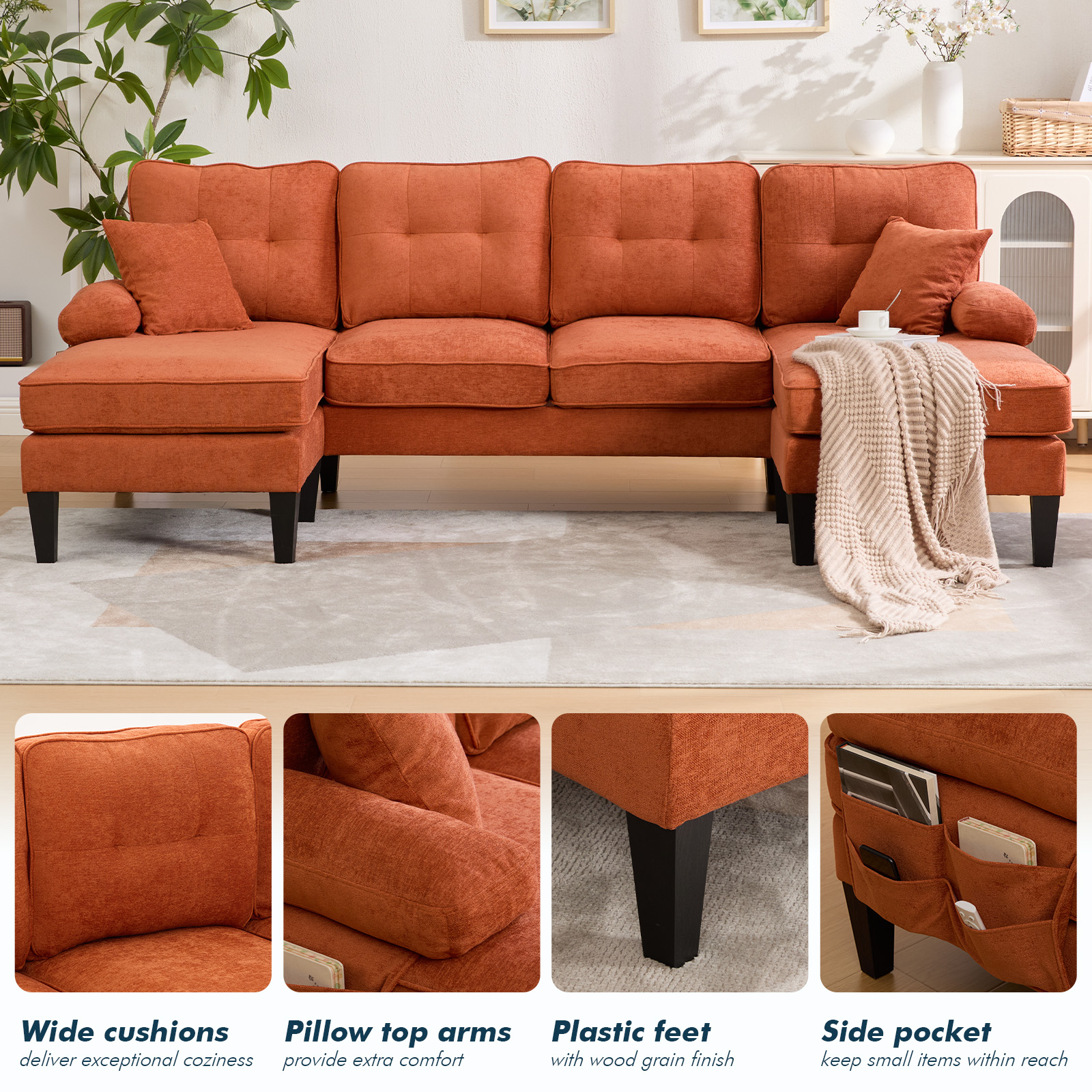 MOONMISS U-Shaped Sectional Sofa, 4 Seater Sectional Couch with Chaise, Modular Sleeper Sectionals for Living Room-Orange