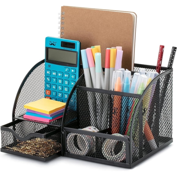 Black Metal Mesh Desk Caddy Organizer with Drawers, 6 Compartments & Expandable Shelves for Office, Home Supplies