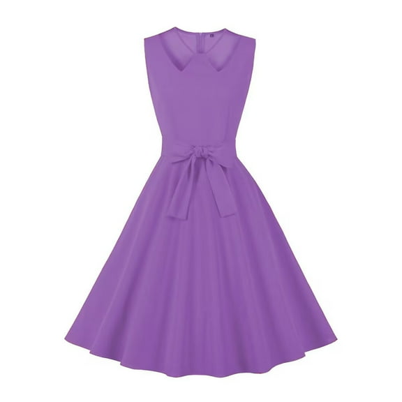 Wycnly Womens Dresses Graduation Party Elegant Pleated Swing A Line 1950S Dresses with Bow Summer Solid W-Neck Sleeveless Formal Midi Dress Purple XXL