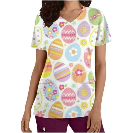 

Easter Scrub Tops Women Cute Print Short Sleeve V-neck Nurse Uniforms Easter Eggs Medical Pockets Scrubs Tee Shirt