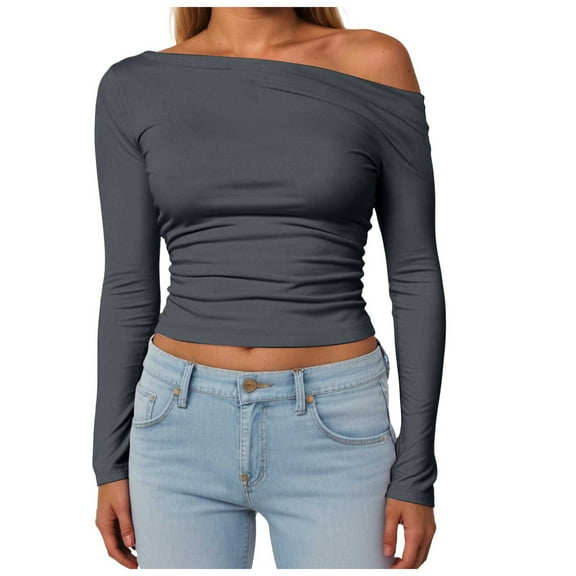 GEWSEY Womens Off The Shoulder Tops Long Sleeve Going Out Basic Shirts Cute Y2K Fall Trendy Fashion 2025 (Grey, M)