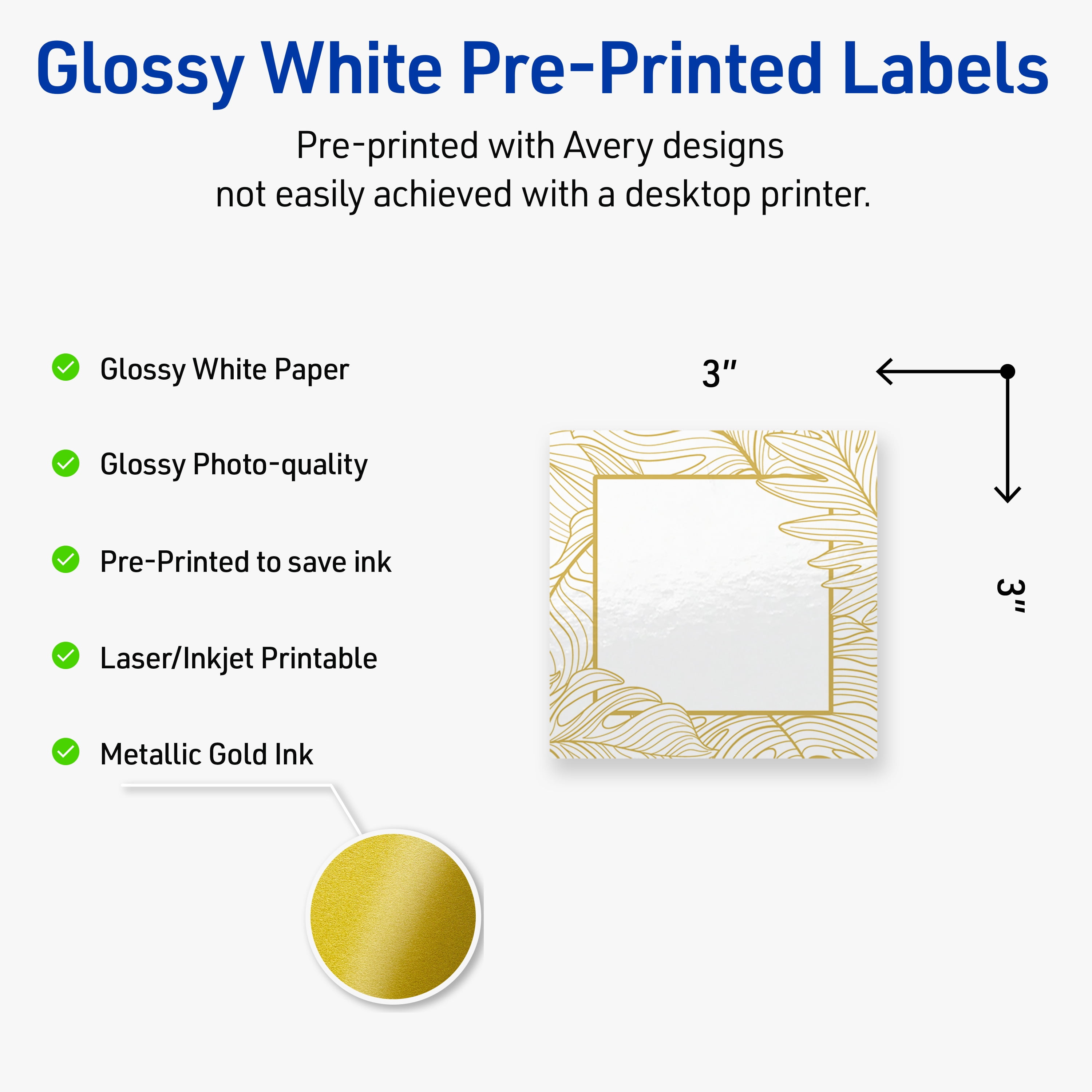 Avery Square Labels, Gold Florals, 3" x 3", 60 Total, Glossy, Gold Monstera Leaves