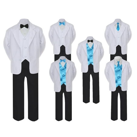 

5-7pc Formal Black White Suit Set Turquoise Bow Necktie Vest Boy Baby Sm-20 Teen
