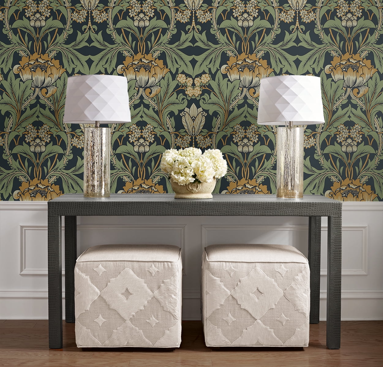 Seabrook Designs Midnight Blue & Goldenrod Primrose Garden Floral Prepasted Wallpaper - 20.9 in. W x 33 ft. Roll