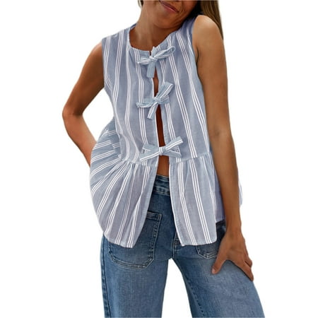 Bow Summer Shirt for Women Striped Sleeveless Crewneck Babydoll Blouse Casual Loose Open-Front Cardigan Shirt