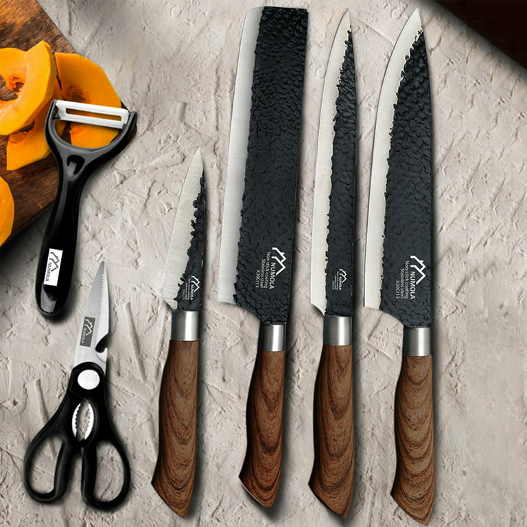 Professional Chef Knife Set 6 Pieces, Black Kitchen Knive Set Sharp Meat Knives for Cooking, Stainless Steel Forged Kitchen Knife with Cutlery