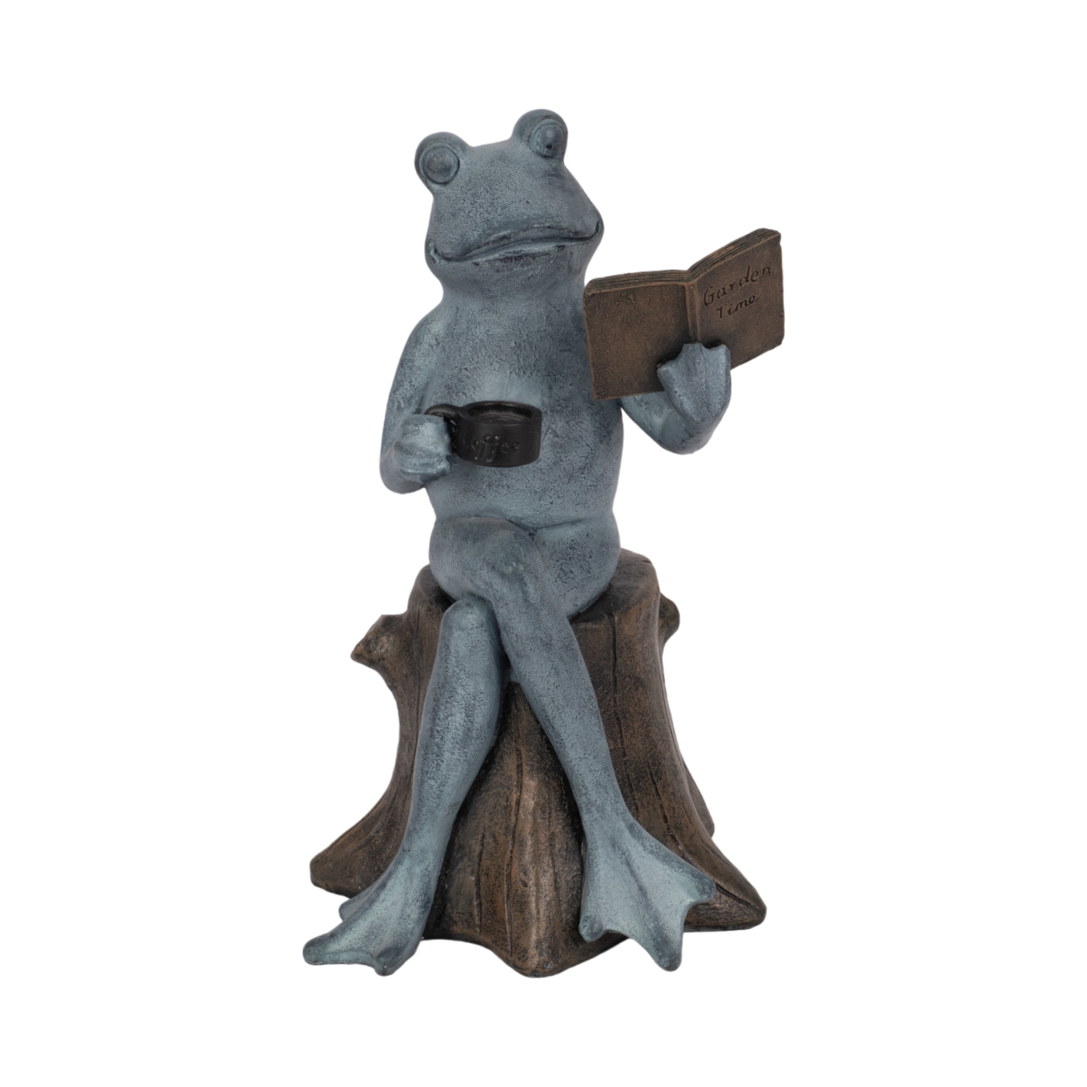 Decorative Resin Frog On Stump Statue for Garden Decor - Front Porch Accent for Landscape, Patio, or Outdoor Lounge Sitting Decor - Yard Sculpture for Walkways or Backyard - 13", Gray & Bronze
