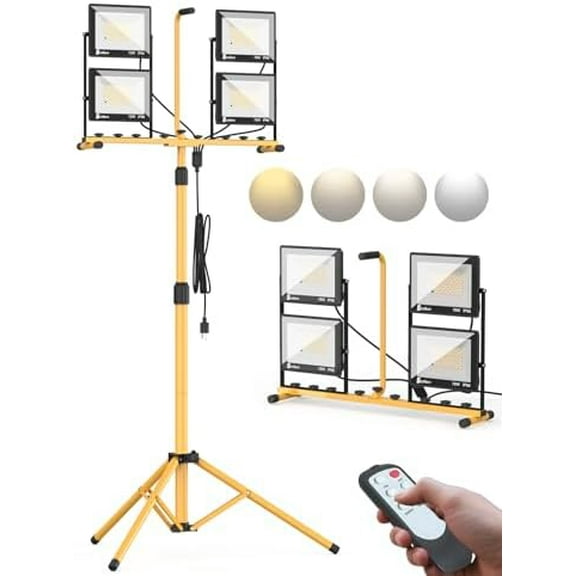 32000 Lumen LED Work Light with Stand & Remote, 4-Head 280W Portable Tripod Light with 16.5FT Cord, 3000K–6000K Adjustable, Waterproof Light for Indoor & Outdoor Job Site Workshop Construction