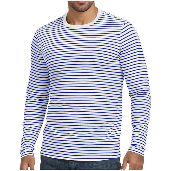 SAWOBUUN Mens Long Sleeve Striped T-Shirt Crew Neck Casual Basic Stripes Pullover Tee Tops