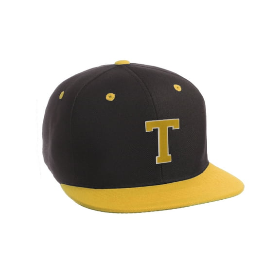 Classic Snapback Hat Custom A to Z Initial Letters, Black Gold Cap White Gold Letter Initial T