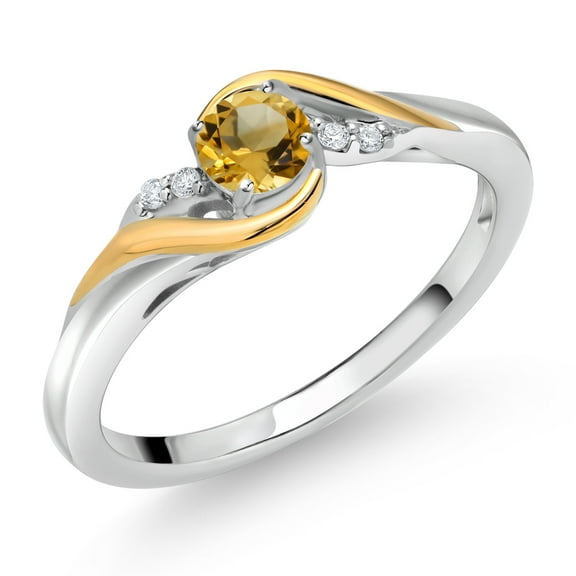 Gem Stone King 925 Sterling Silver and 10K Yellow Gold Round Yellow Citrine and White Lab Grown Diamond Engagement Ring for Women (0.28 Cttw, Gemstone Birthstone, Size 5)