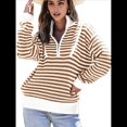 thumbnail image 2 of Suéter de Punto Acanalado de Larga con Media Cremallera A Rayas para Mujer, Tops Casuales, Cómodos y Ligeros, Moda de Otoño Marrón M, 2 of 8