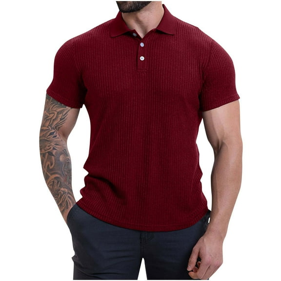 fatyb Mens Ribbed Shirts Short Sleeve Button up Knit Muscle Shirts Collared Slim Casual Tees for Men