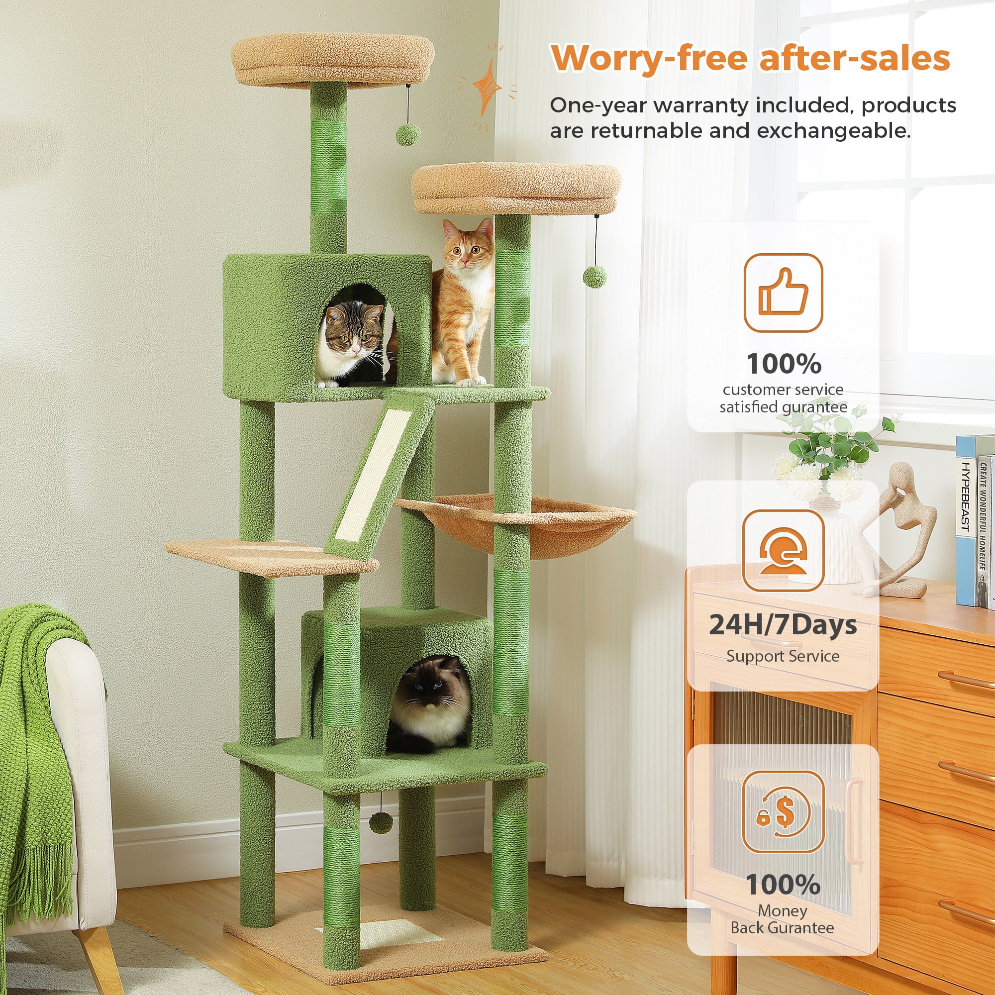 resenkos 70" Cat Tree Tower for Indoor Cats, Multi-Level Cat Tree House Cat Scratching Post with 2 Perches, 2 Cat Condos, Hammock and 2 Pompoms, Green