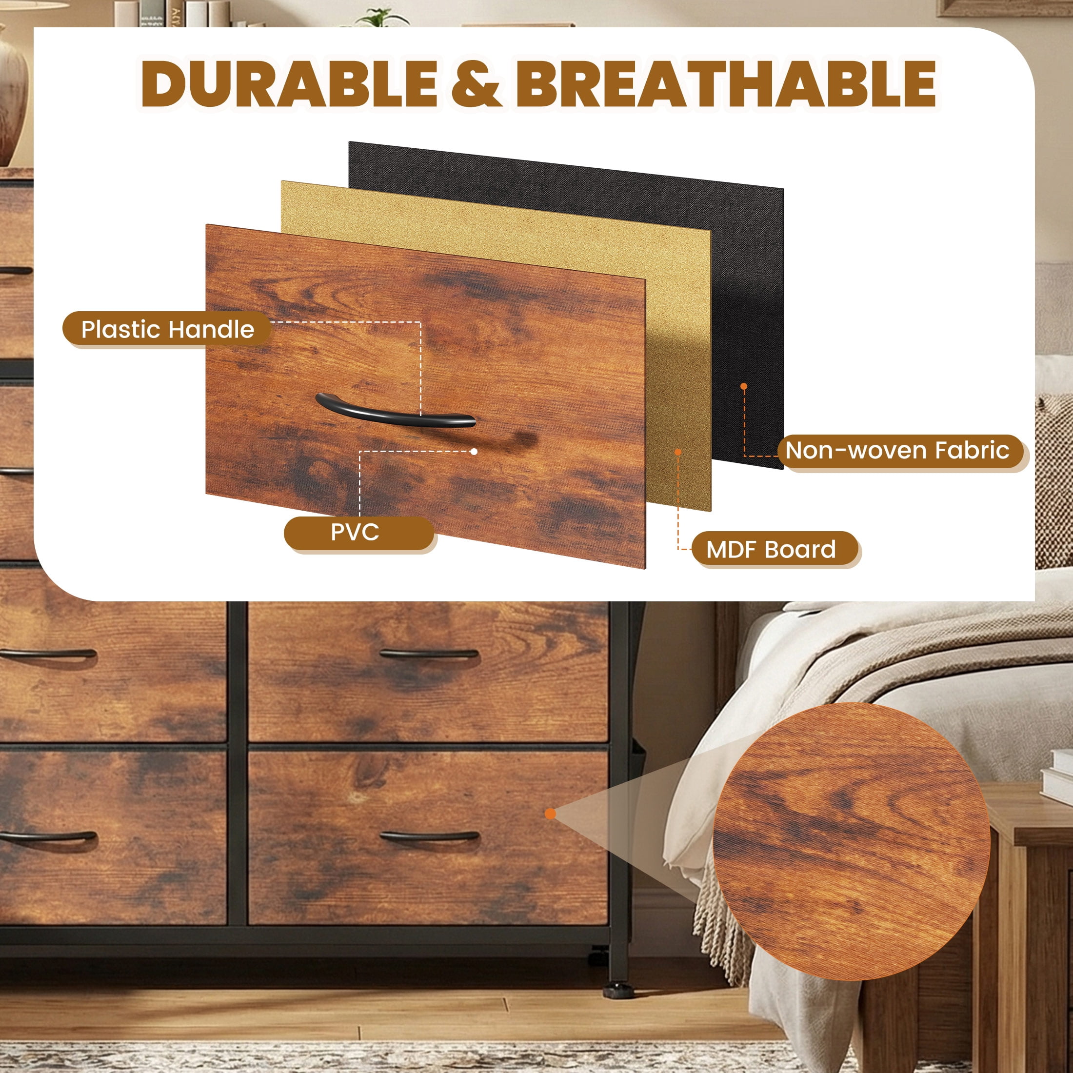 CONCETTA Dresser Storage with 12 Drawers,Structural Stability, Iron Frame Structure and Wood Top for Living room, Home Office, Rust Brown