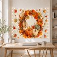 thumbnail image 5 of Circular Wreath with Pumpkins and Lantern on Linen, Cozy Rustic for Nature Lovers, Autumn Home Decor Thanksgiving Gift, Tapestry Wall Hanging for Living Room and Bedroom, 5 of 7