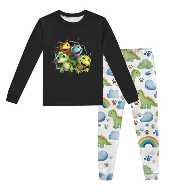 Pyjama Garcon pour Enfants Imprimé Dinosaure Col Rond Manches Longues Haut Pantalon Ensemble de Pyjama 2 Pcs Printemps Automne Pyjama pour Tout-Petits Noir 2 Ans-3 Ans